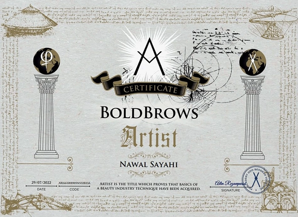 Nawal beauty BOLDBROWS Artist CERTIFICATE